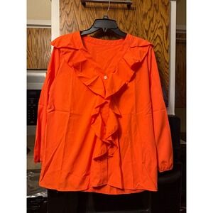 Bright Orange Ruffle V Neck Long‎ Sleeve Blouse Women's XL